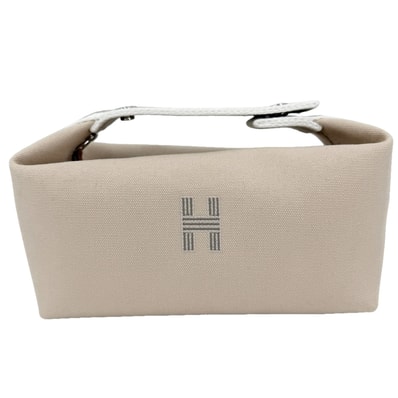 HERMES エルメス ハンドバッグ ブリッドアブラックPM ポーチ トワルアッシュ ベージュ ホワイト 白 シルバー金具 レディース 美品【中古品】