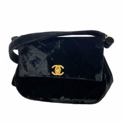 【6de6486】シャネル ショルダーバッグ マトラッセ ブリリアント ベロア ブラック ゴールド金具【中古】レディース