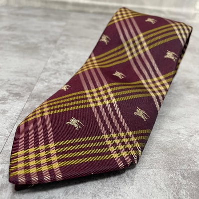 【BURBERRY】バーバリー ネクタイ ホースロゴ 騎士 チェック ボルドー オリーブ ベージュ イタリア製 ヴィンテージ レギュラータイ メンズ