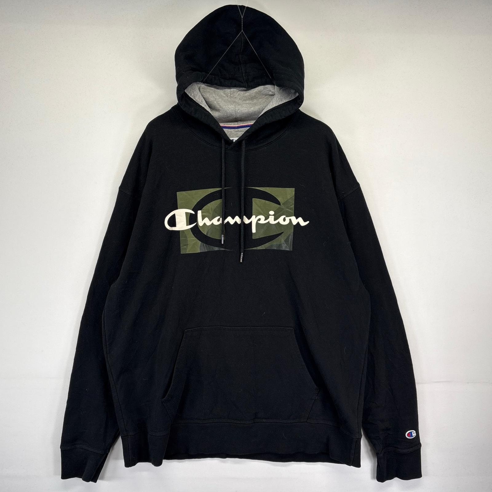 古着 チャンピオン Champion パーカー スウェット プルオーバー プリントロゴ フーディ 大きいサイズ XL ブラック メンズ
