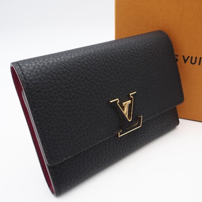 美品 LOUIS VUITTON ルイ・ヴィトン トリヨン ポルトフォイユ カプシーヌ コンパクト ノワール ホットピンク M62157 三つ折り財布 ブラック ピンク トリヨンレザー レディース