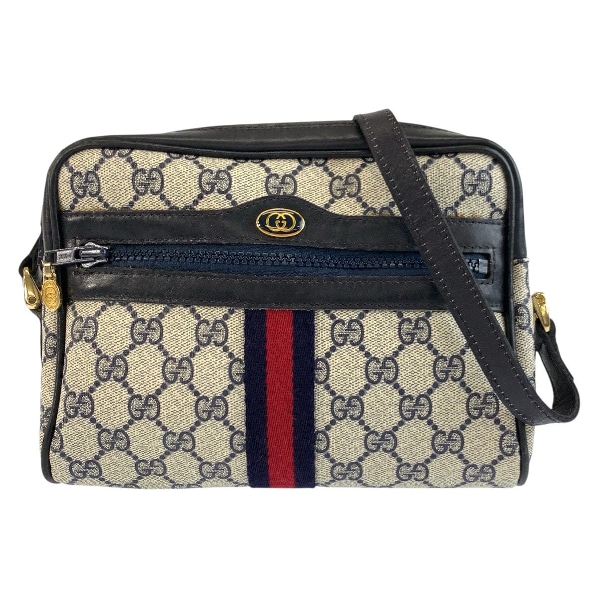 美品 GUCCI グッチ ヴィンテージ シェリーライン グレー ネイビー ゴールド金具 GGスプリームキャンバス レザー/ ショルダーバッグ ポシェット 604312 【中古】