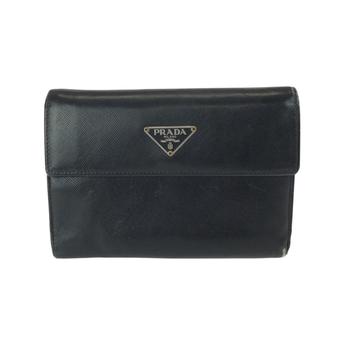 PRADA プラダ サフィアーノ 三角ロゴプレート ブラック 黒 シルバー金具 レザー 折財布 コンパクトウォレット 506552 【中古】