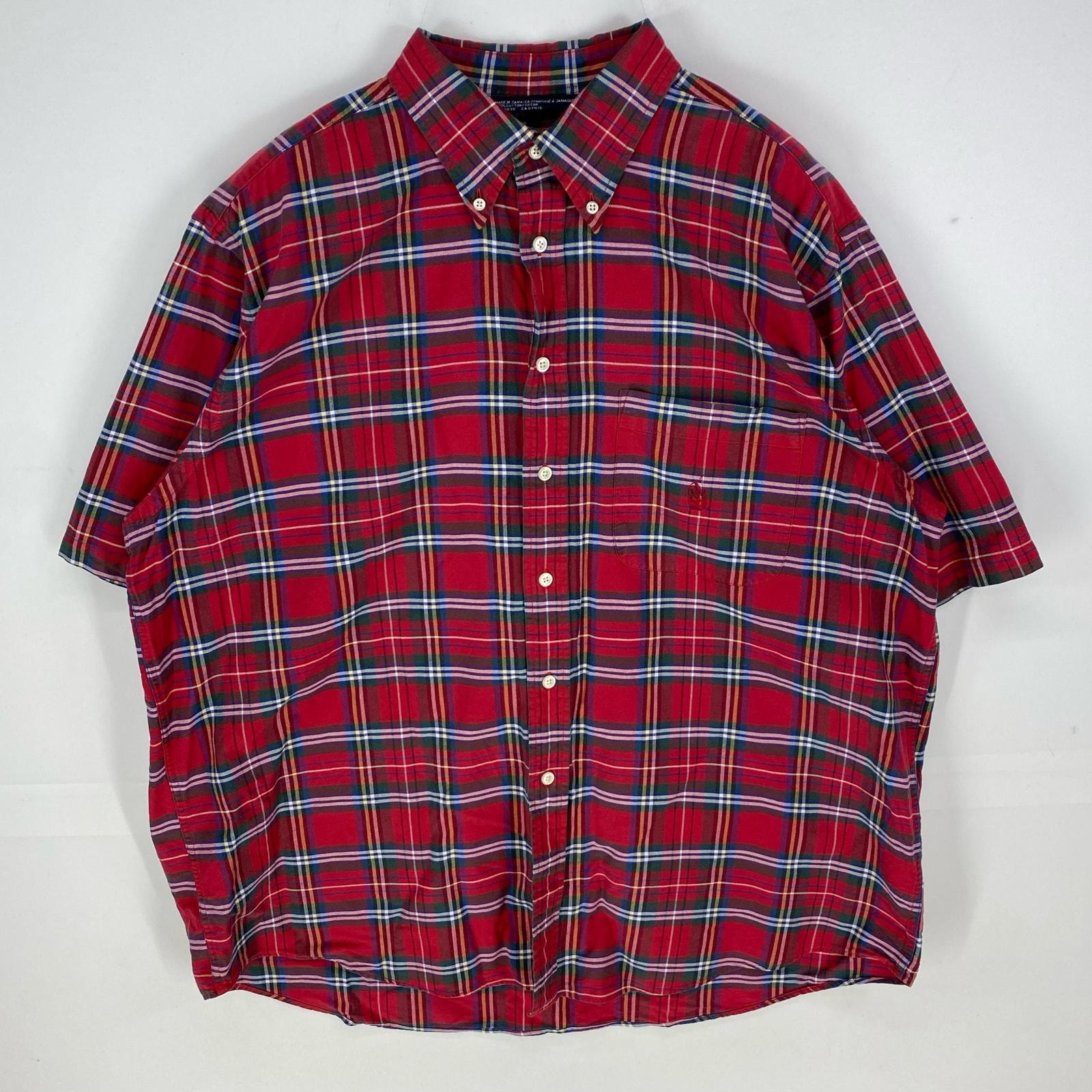 古着 90's/90年代 ノーティカ NAUTICA 半袖シャツ 刺繍ロゴ 大きいサイズ ワンポイント ボタンダウン XL レッド系 チェック メンズ