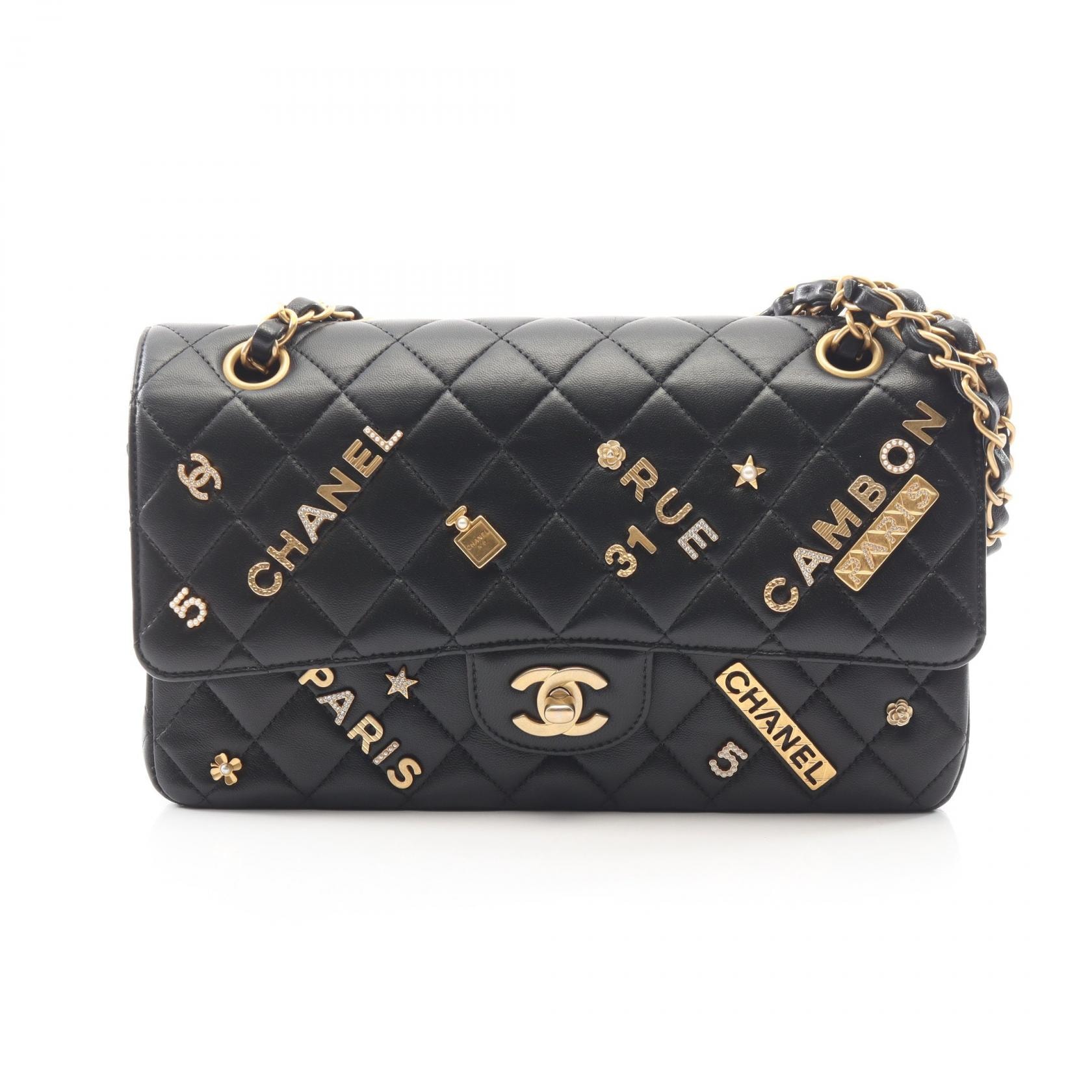 シャネル CHANEL マトラッセ Wフラップ アイコンチャーム ショルダーバッグ バッグ ラムスキン(羊革) レディース ブラック系 A01112 【中古】