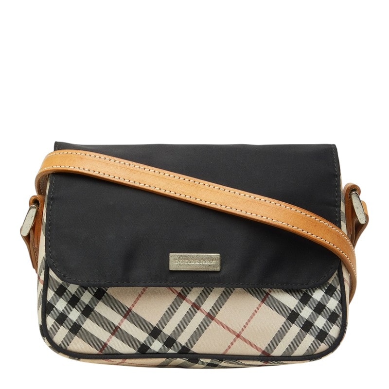 バーバリー ノバチェック ショルダーバッグ ポシェット ベージュ ブラック ナイロン レザー レディース BURBERRY 中古