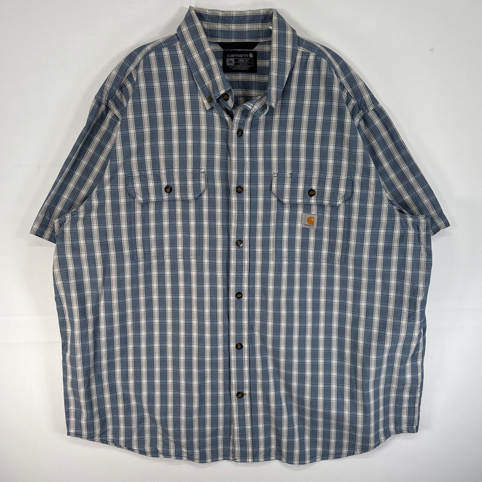 古着 カーハート Carhartt 半袖シャツ ワーク 大きいサイズ 肉厚 フラップポケ ワンポイント ロゴ 2XL  ブルー系 チェック メンズ