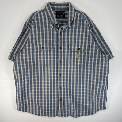 古着 カーハート Carhartt 半袖シャツ ワーク 大きいサイズ 肉厚 フラップポケ ワンポイント ロゴ 2XL ブルー系 チェック メンズ
