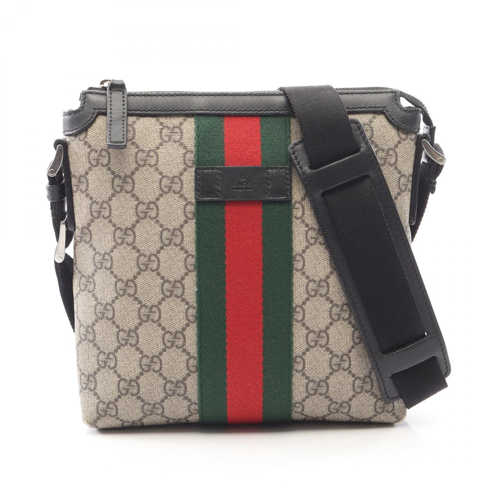 グッチ GUCCI GGスプリーム ウェブストライプ フラットメッセンジャー ショルダーバッグ バッグ PVCコーティングキャンバス レザー メンズ レディース ベージュ系 / ブラック系 / マルチカラー 471454 【中古】