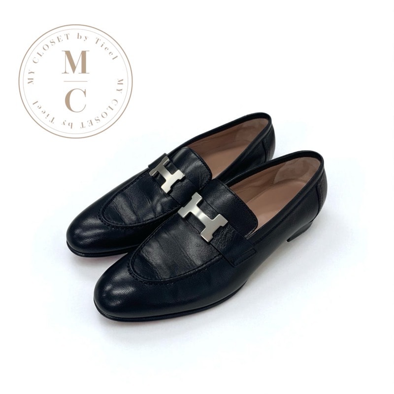 エルメス HERMES パリ ローファー 革靴 靴 シューズ レザー ブラック 黒 シルバー モカシン フラットシューズ H金具