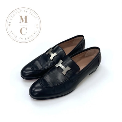 エルメス HERMES パリ ローファー 革靴 靴 シューズ レザー ブラック 黒 シルバー モカシン フラットシューズ H金具