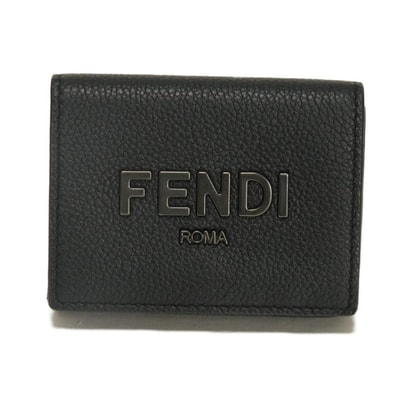 FENDI フェンディ コンパクト ウォレット グレイン カーフ トリフォールド 札入れ カードケース コインケース ロゴ メタル ブラック 三つ折り財布 7M0280 ALA8 F1Z35