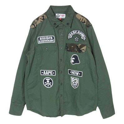 A BATHING APE アベイシングエイプ AST8079 AAPE エーエイプ ワッペン カモフラージュ 迷彩柄 ミリタリー 長袖 シャツ グリーン系 M【中古】