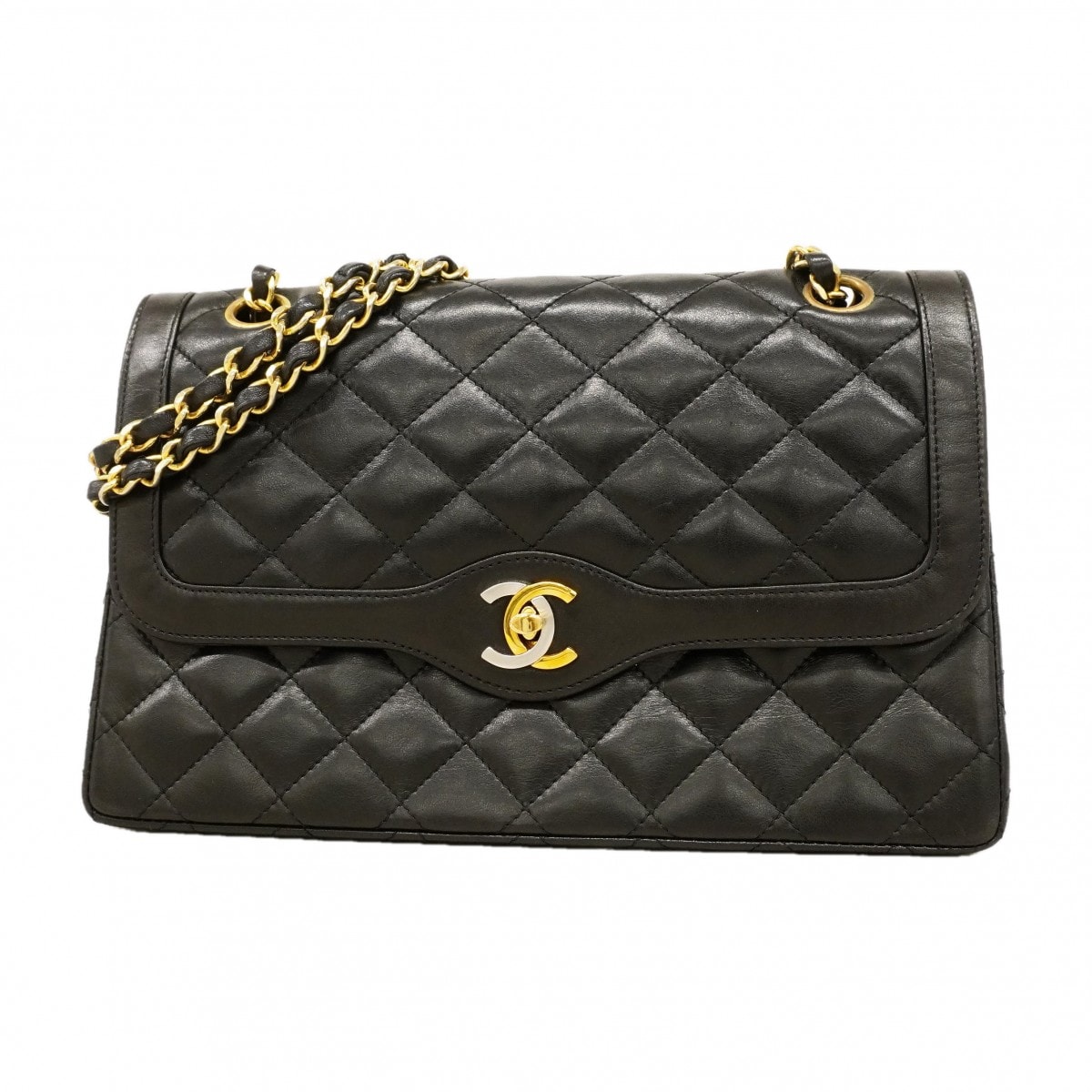 【6db1972-k】シャネル ショルダーバッグ マトラッセ/パリ限定 Wフラップ Wチェーン ラムスキン ブラック ゴールド/シルバー金具【中古】レディース