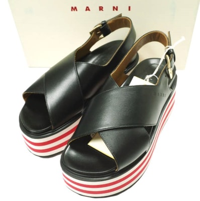 新品 MARNI マルニ 22SS イタリア製 フスベッドウエッジソールサンダル ZPMS007506 P3586 36(22.5-23cm) BLACK 定価119,900円 レザーストラップ 厚底 シューズ g23023