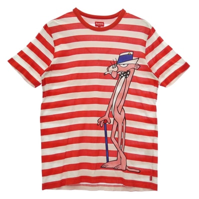 Supreme シュプリーム 14SS PINK PANTHER STRIPE TOP ピンクパンサー ストライプ ボーダー Tシャツ 半袖カットソー ホワイト系 レッド系 L【中古】