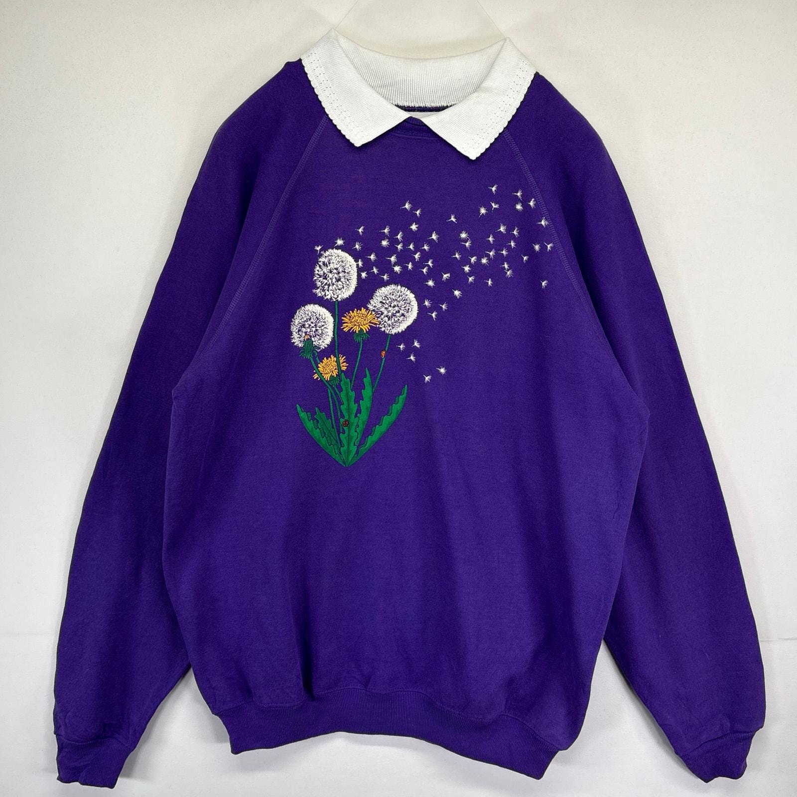 古着 80's/80年代 ヴィンテージ ヘインズ Hanes USA製 スウェット トレーナー ラグラン 襟付き タンポポ 花柄 XL パープル レディース