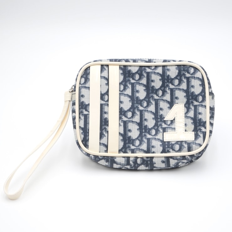 Christian Dior(クリスチャンディオール)トロッター ナンバー1 ヴィンテージ ポーチ リストレット コスメポーチ ネイビー ホワイト キャンバス レディース【中古】
