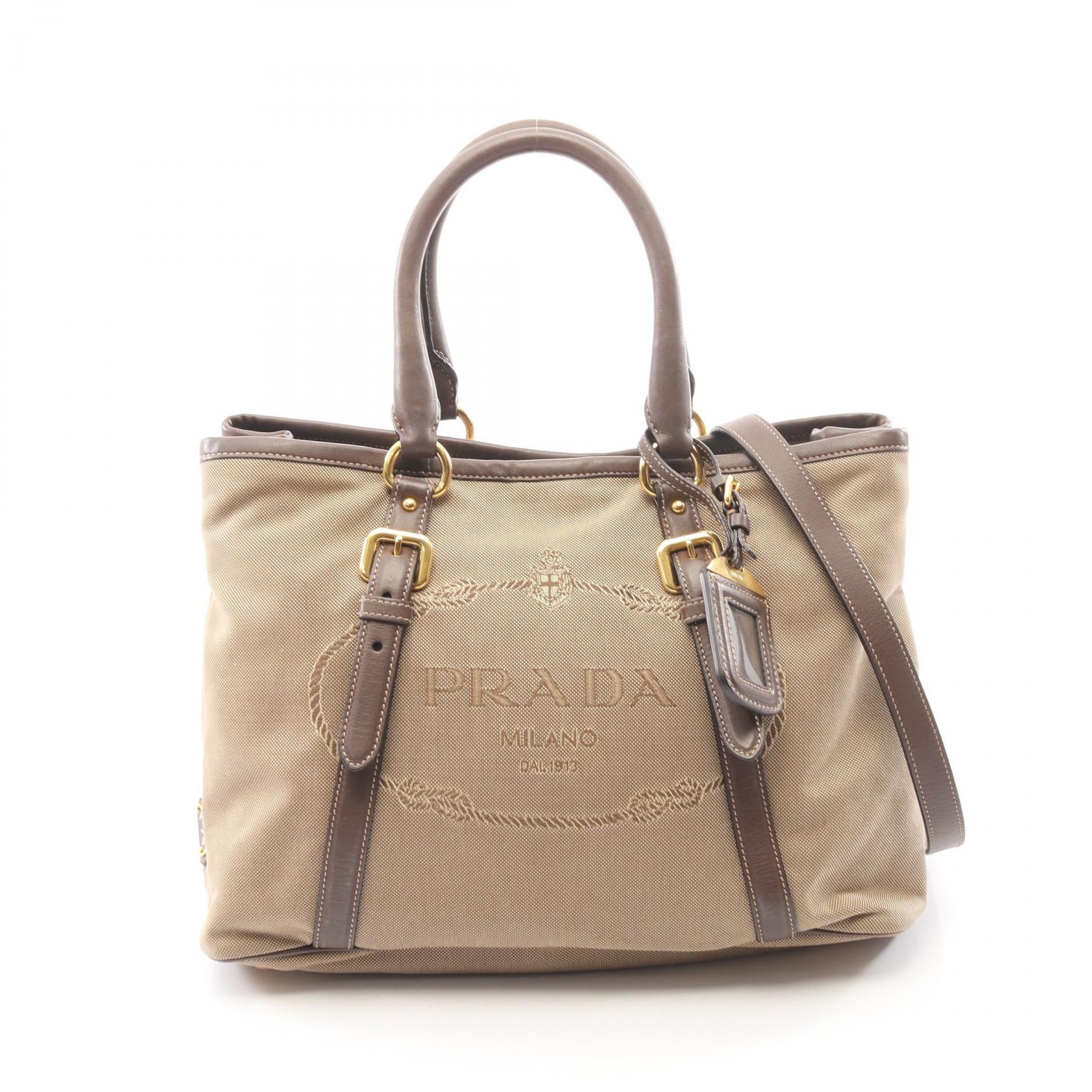 プラダ PRADA LOGO JACQUARD ロゴジャガード 2WAY ハンドバッグ バッグ キャンバス レザー レディース ベージュ系 / ブラウン系 BN2832 【中古】