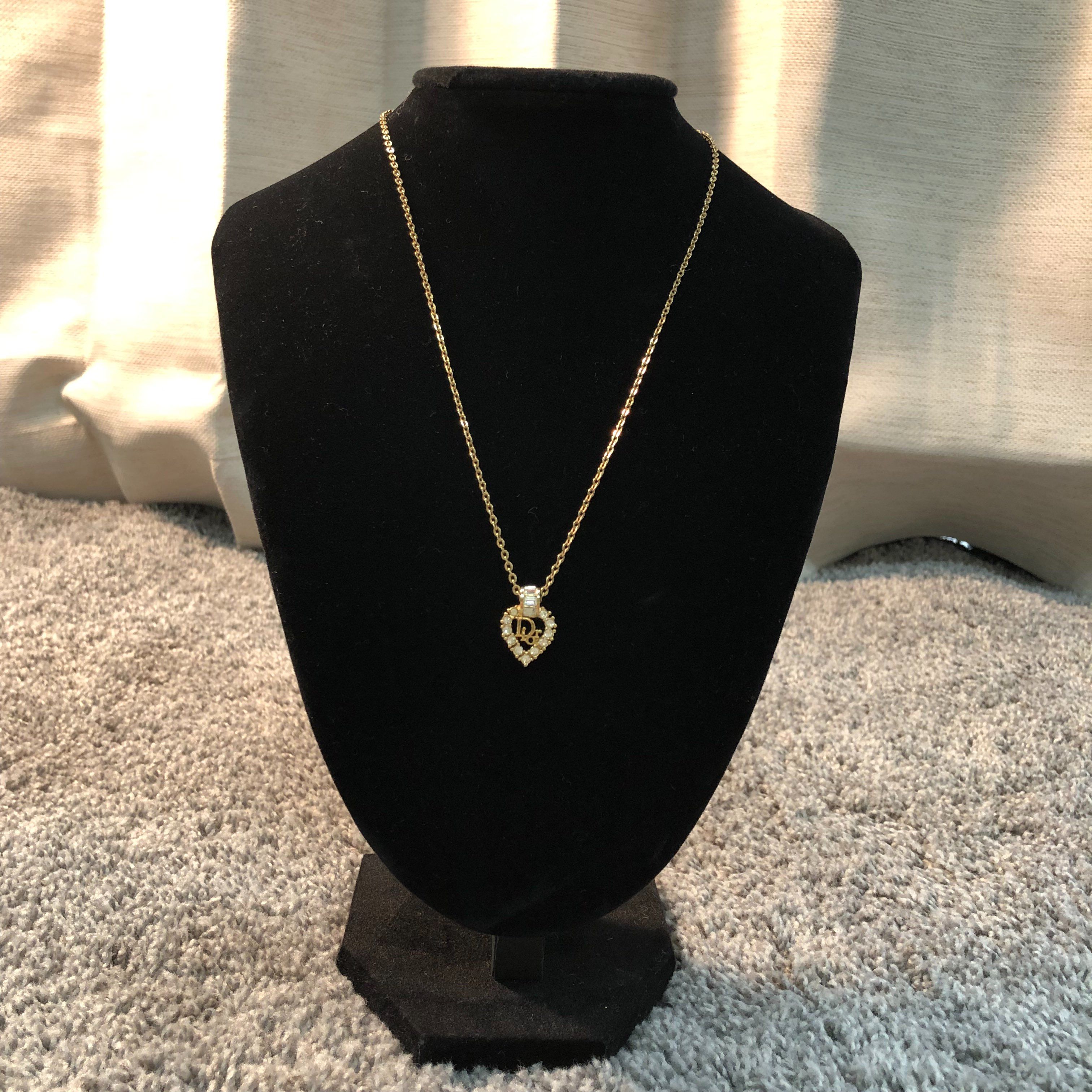 Dior Rhinestone Heart Logo Plate Necklace "Gold"