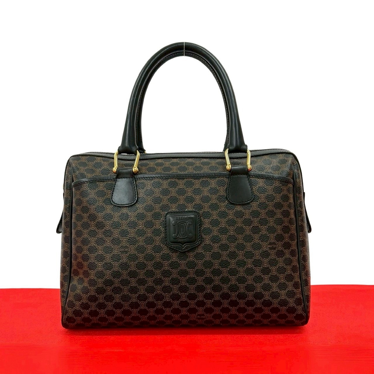 CELINE セリーヌ マカダム ブラゾン トリオンフ 柄 レザー PVC ハンドバッグ ブラック
 81947