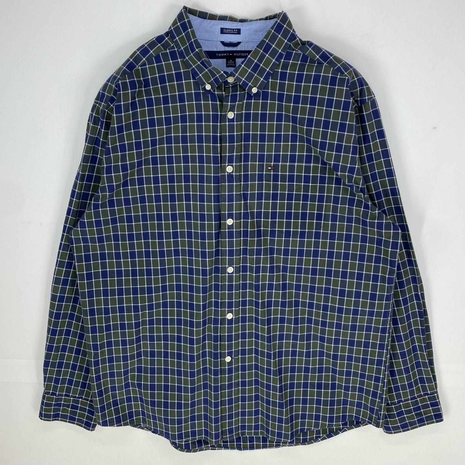 古着 トミーヒルフィガー TOMMY HILFIGER 長袖シャツ ボタンダウン ワンポイント 胸ポケット XL グリーン系 チェック メンズ