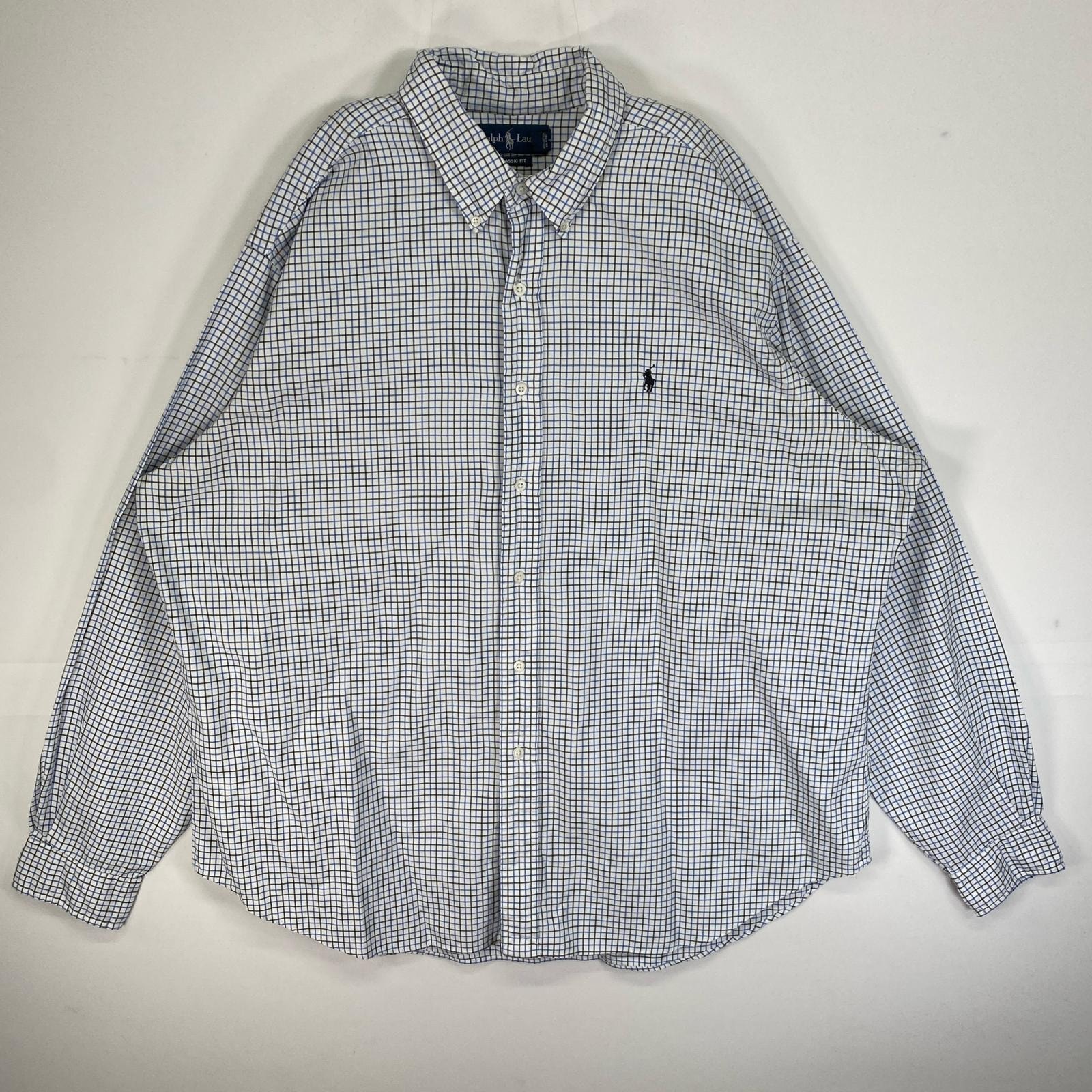 古着 ラルフローレン RALPH LAUREN 長袖シャツ ロゴ 刺繍 チェック 大きいサイズ 14041  ブルー系 マルチカラー メンズ