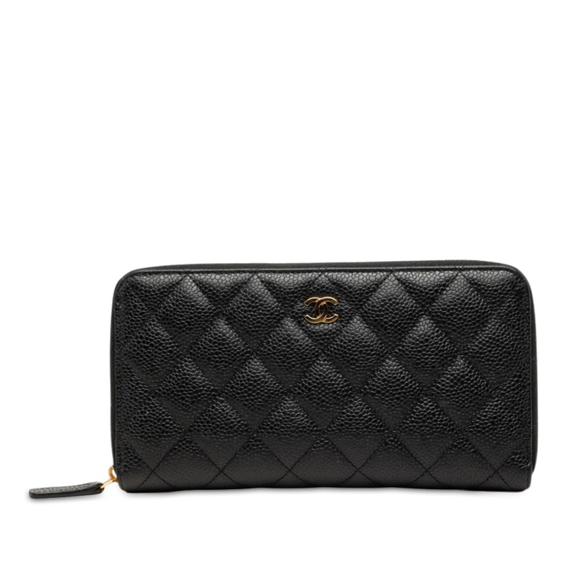 シャネル マトラッセ ココマーク ラウンドファスナー 長財布 ブラック ボルドー キャビアスキン レディース CHANEL 中古