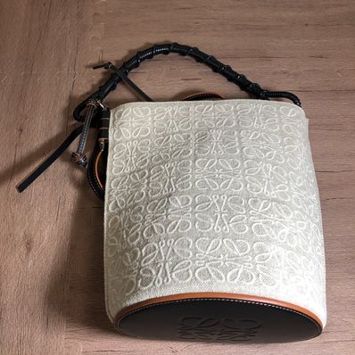 LOEWE Gate Bucket Handle Bag In Anagram Linen and Calfskin "Natural/Black"