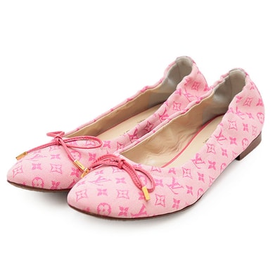 【美品】 ルイ・ヴィトン フラットシューズ バレリーナ モノグラム LV エナメルリボン コットンキャンバス レザーソール パンプス レディース ピンク 37 1/2 LOUIS VUITTON