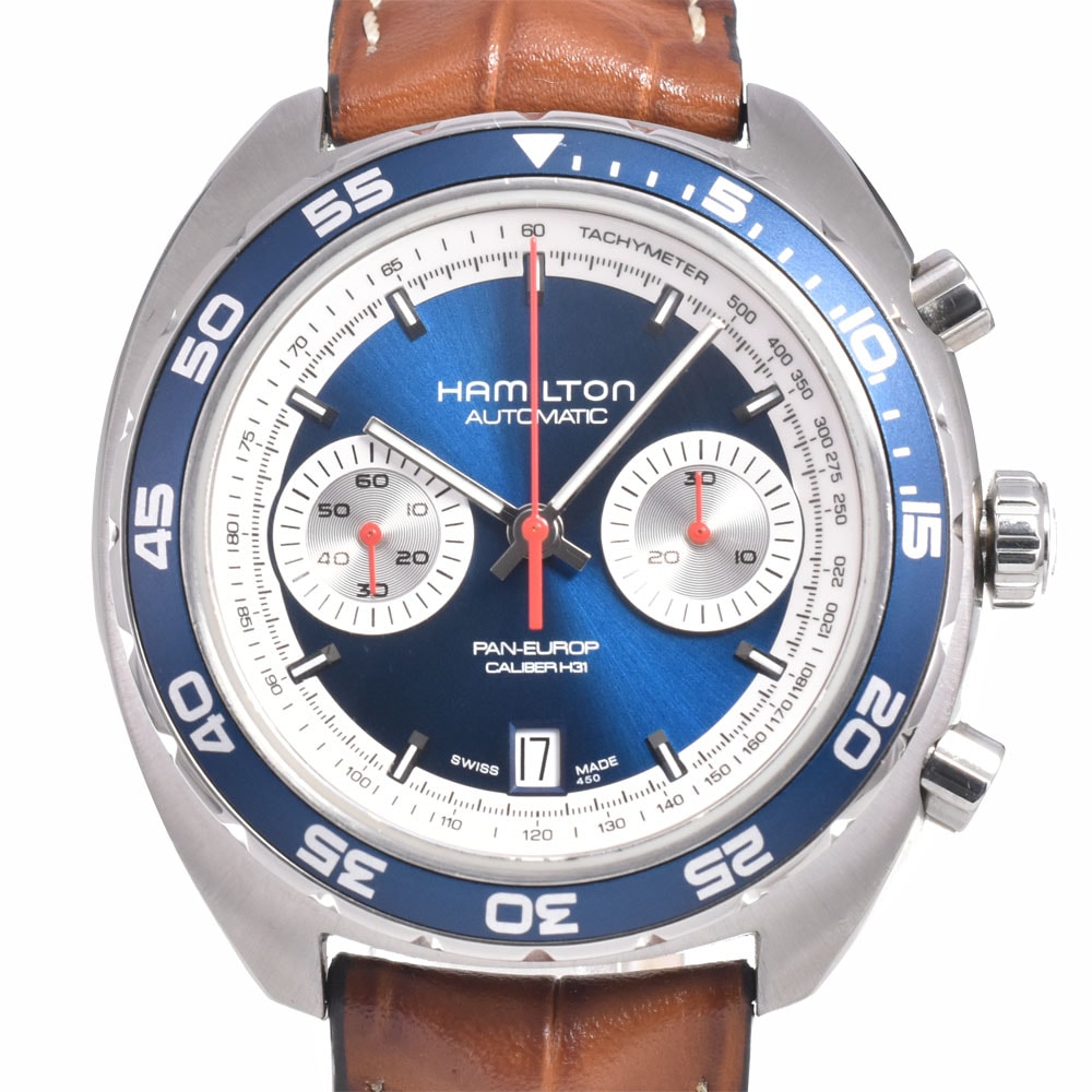 ハミルトン HAMILTON H357160 パンユーロ 1971本限定 ブルー 自動巻き メンズ 美品 腕時計 L#150710
