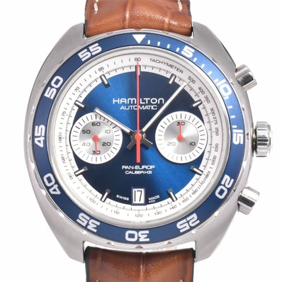 ハミルトン HAMILTON H357160 パンユーロ 1971本限定 ブルー 自動巻き メンズ 美品 腕時計 L#150710