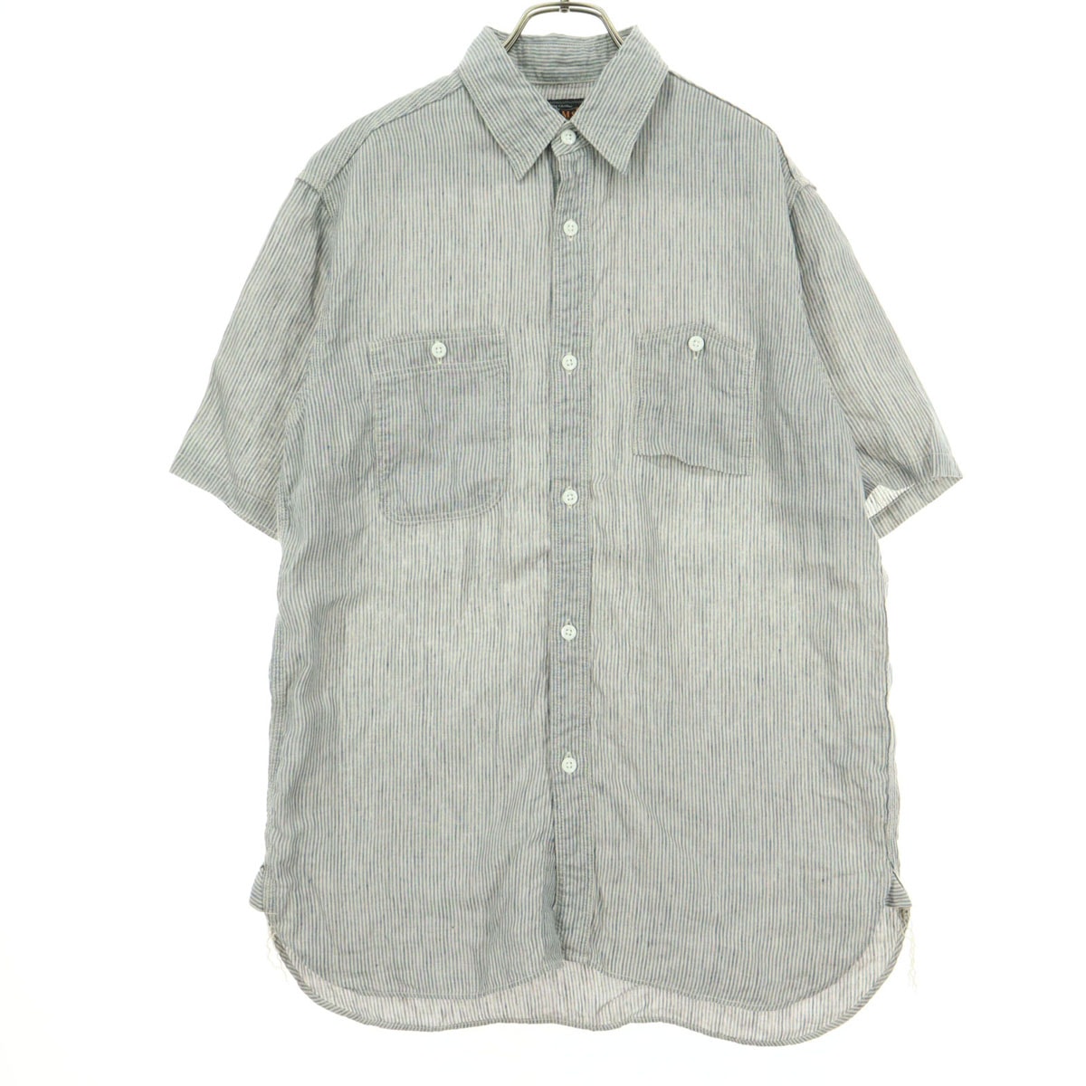 BEAMS+ ビームス プラス 日本製 ストライプ柄 半袖 リネンシャツ M ライトブルー系