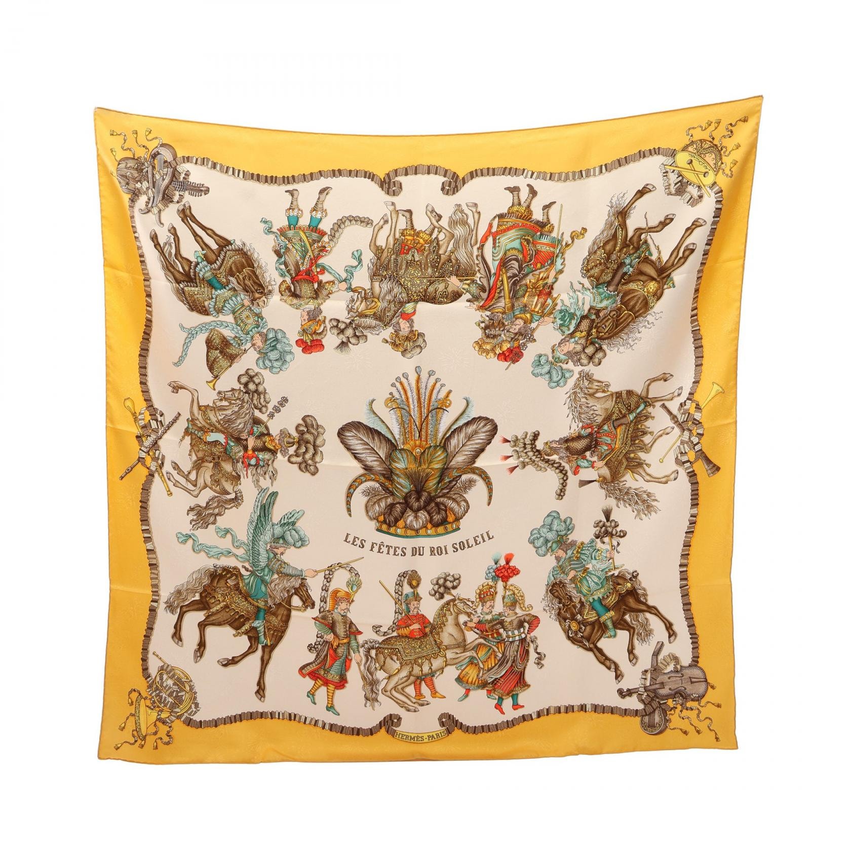 エルメス HERMES カレ90 LES FETES DU ROI SOLEIL スカーフ 衣料品 シルク シルク レディース アイボリー系 / イエロー系 / マルチカラー 【中古】