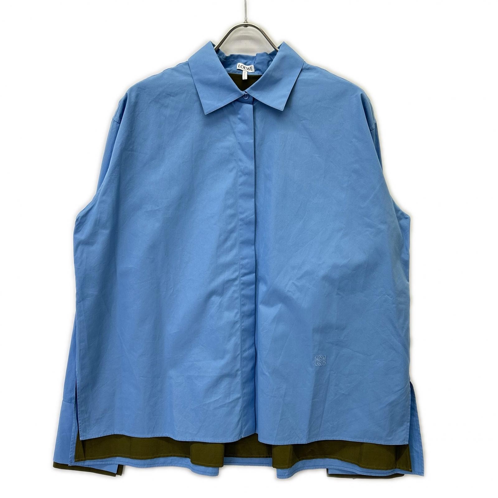 ロエベ 24AW S359Y05XBY ライトブルー×カーキ コットン アナグラム刺繍 レイヤードデザイン ターンアップシャツ 40