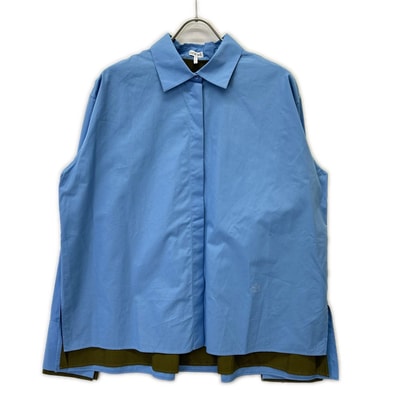 ロエベ 24AW S359Y05XBY ライトブルー×カーキ コットン アナグラム刺繍 レイヤードデザイン ターンアップシャツ 40