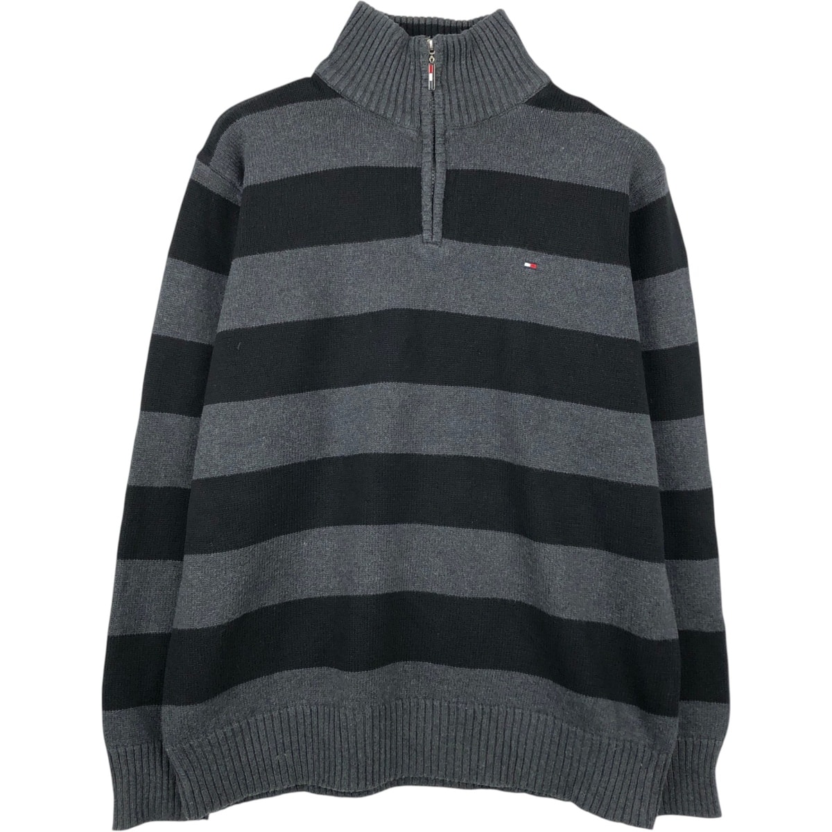 古着 トミーヒルフィガー TOMMY HILFIGER ボーダー柄 コットンニットハーフジップセーター メンズXL相当/eaa651555