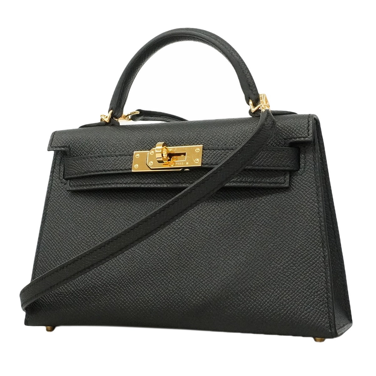 【6he5366-g】エルメス ハンドバッグ ミニケリー2 ヴォーエプソン ブラック ゴールド金具 K刻印 2wayバッグ【中古】レディース