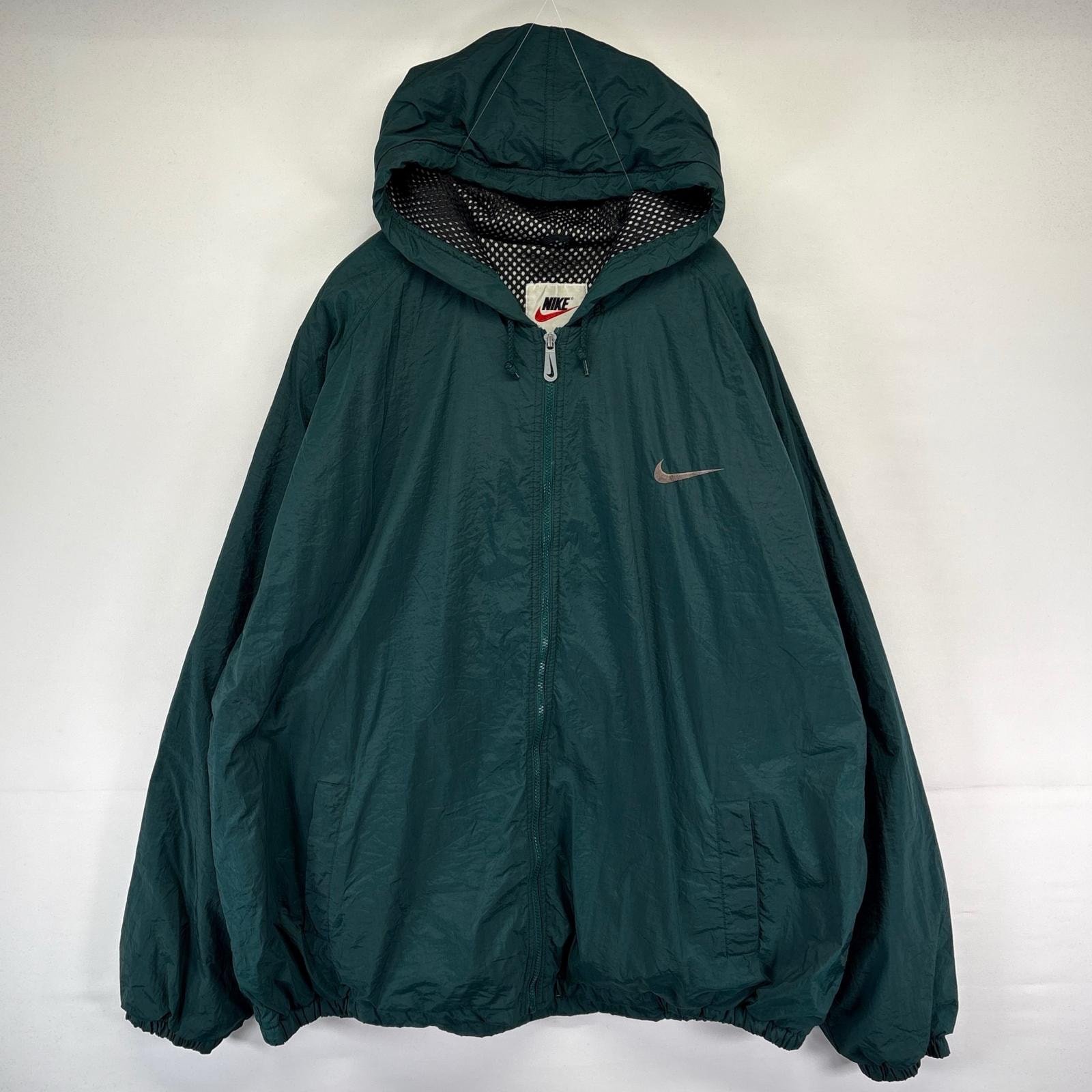 古着 90's/90年代 ナイキ NIKE ジャケット フルジップ スウッシュ ナイロン フーディー 大きいサイズ 3XLT  グリーン系 メンズ