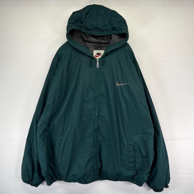 古着 90's/90年代 ナイキ NIKE ジャケット フルジップ スウッシュ ナイロン フーディー 大きいサイズ 3XLT グリーン系 メンズ