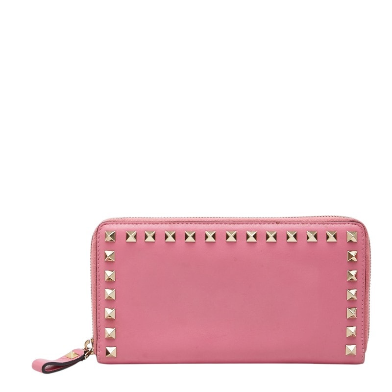 ヴァレンチノ ガラヴァーニ ロックスタッズ ラウンドファスナー 長財布 ピンク レザー メタル レディース Valentino 【中古】