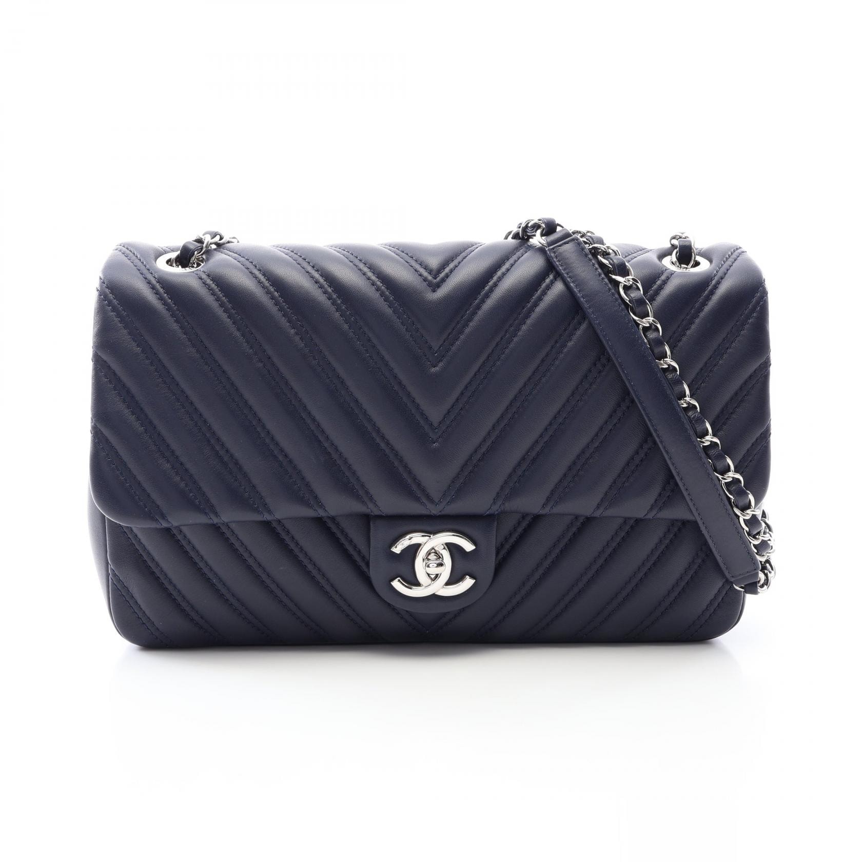 シャネル CHANEL シェブロン Vステッチ チェーンショルダー ショルダーバッグ バッグ ラムスキン(羊革) レディース ネイビー系 【中古】