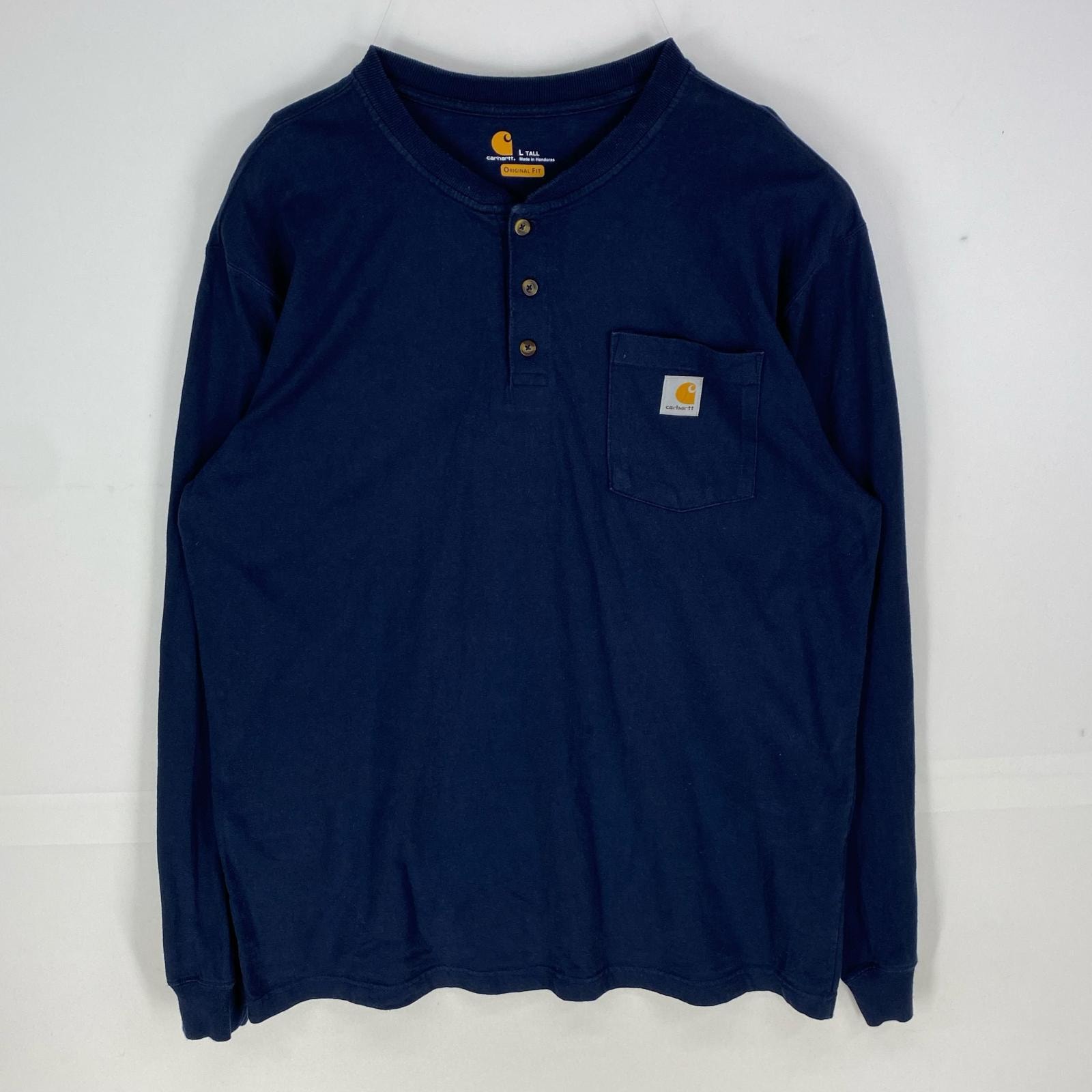 古着 カーハート Carhartt 長袖Tシャツ ヘンリーネック 胸ポケット ワンポイントロゴ ロングスリーブ L  ネイビー系 メンズ