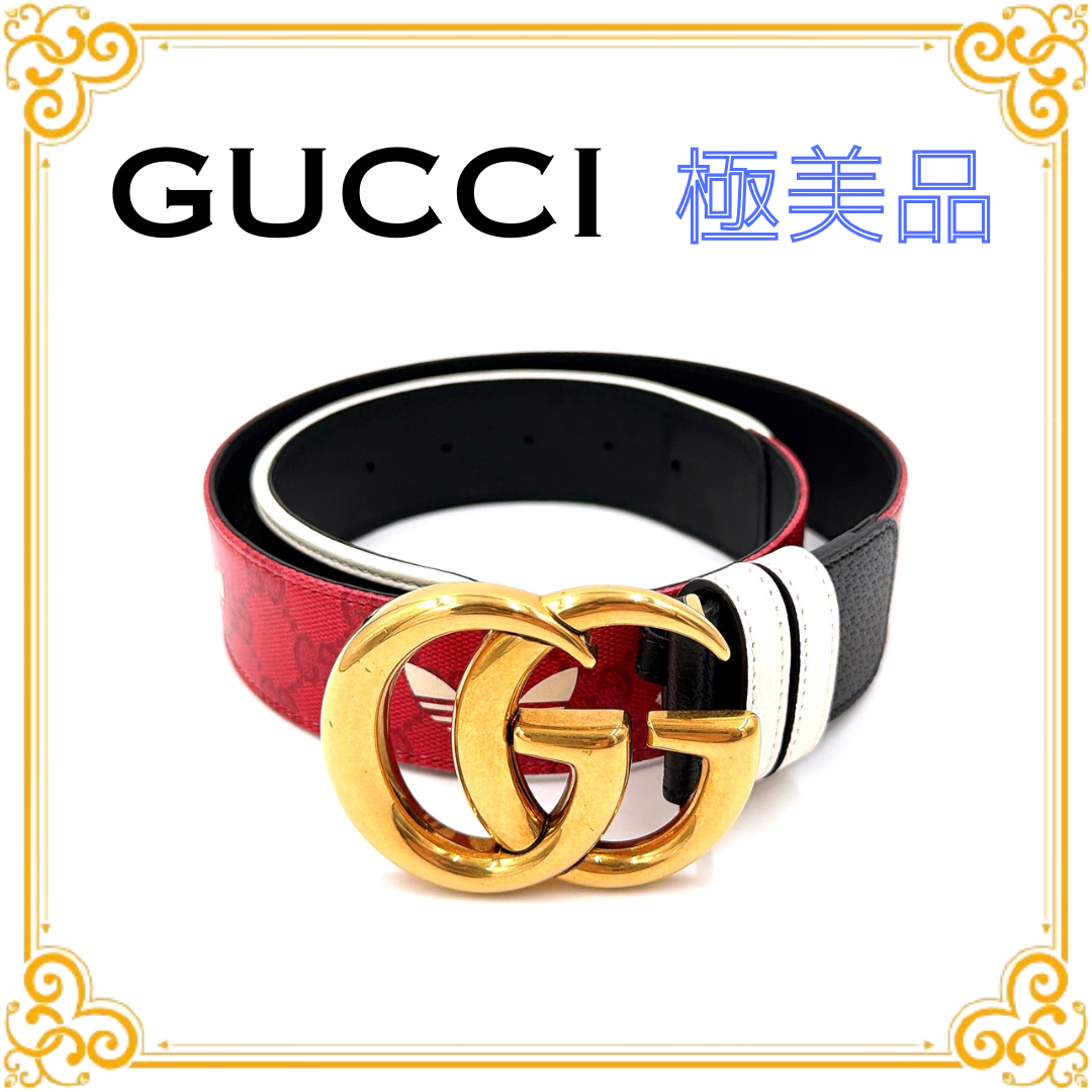 ■極美品■ GUCCI Adidas グッチ 406831 アディダス コラボ GG ダブルG ベルト レディース メンズ ブラック レッド ゴールド金具 PVC