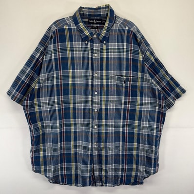 古着 ラルフローレン RALPH LAUREN 半袖シャツ チェック BLAKE ワンポイントロゴ 刺繍 胸ポケット 2XL ブルー系 メンズ