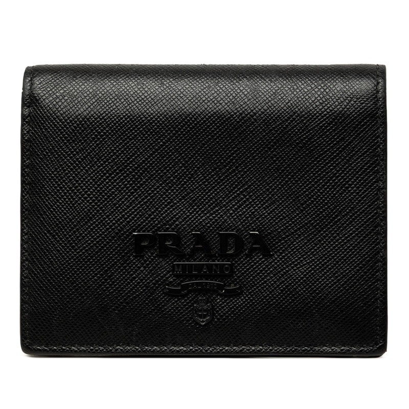 プラダ ロゴ 二つ折り財布 ブラック サフィアーノレザー レディース PRADA 中古