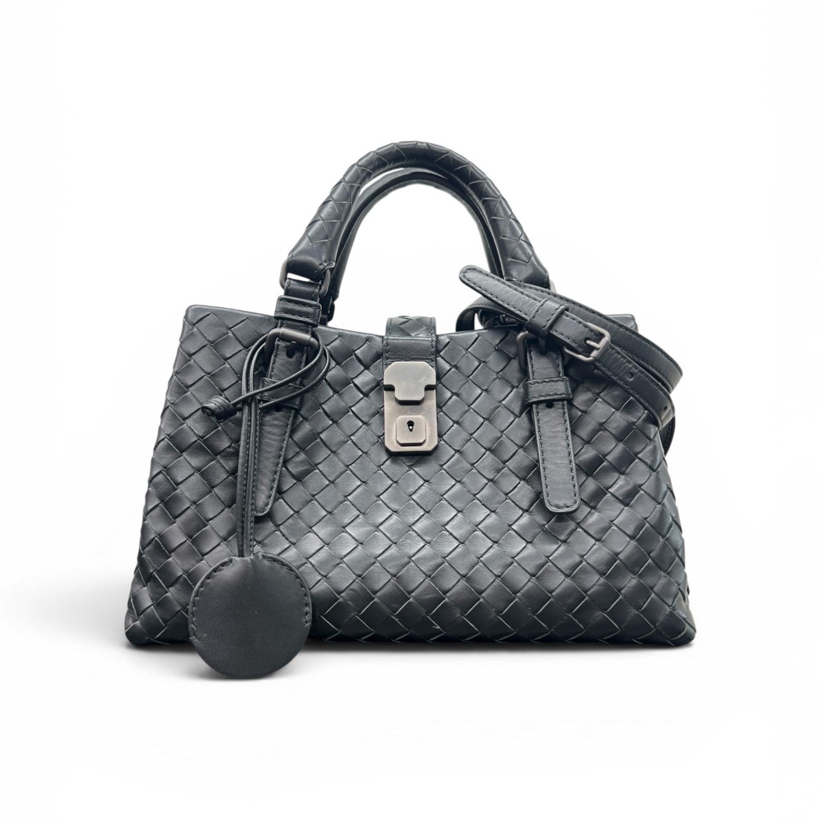 BOTTEGA VENETA 極美品 ローマバッグ スモール イントレチャート 2way ハンドバッグ ショルダーバッグ レザー ブラック ICチップ確認済 BV Aランク 中古 鑑定済 ボッテガバッグ