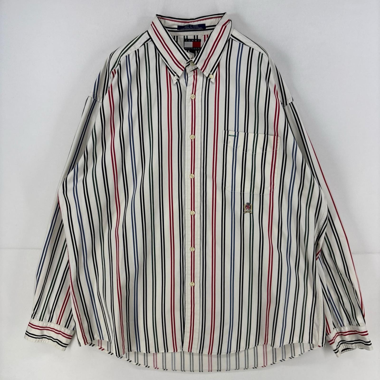古着 90's/90年代 トミーヒルフィガー TOMMY HILFIGER 長袖シャツ 胸ポケット ボタンダウン XL  ホワイト系 ストライプ メンズ