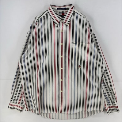 古着 90's/90年代 トミーヒルフィガー TOMMY HILFIGER 長袖シャツ 胸ポケット ボタンダウン XL ホワイト系 ストライプ メンズ