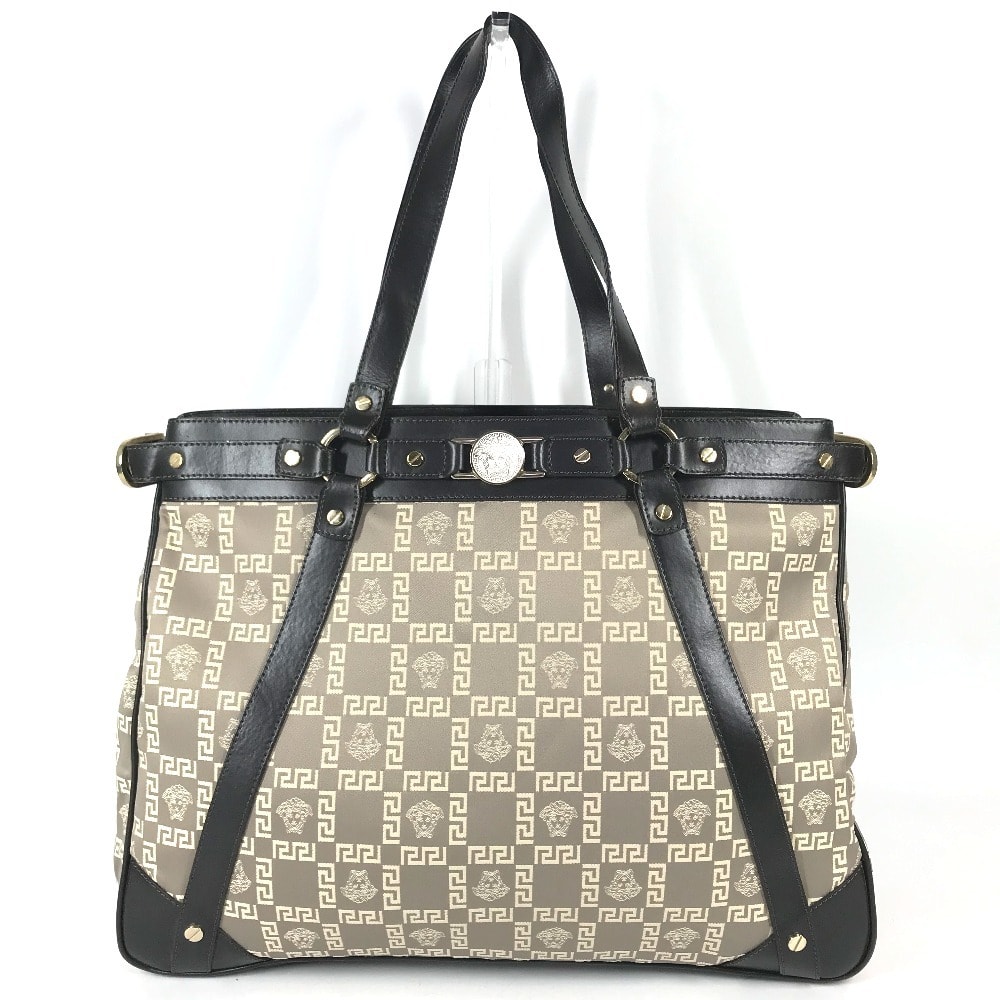 ヴェルサーチ VERSACE ロゴ メデューサ 肩掛け カバン トートバッグ ショルダーバッグ レザー/キャンバス ベージュ